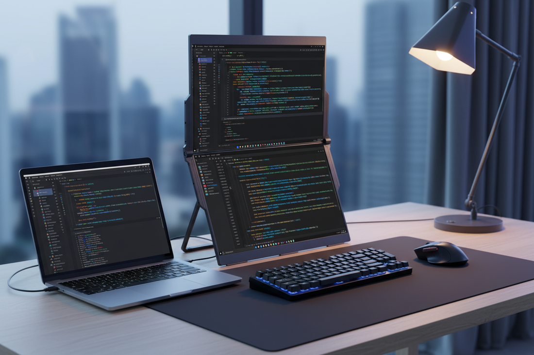 vertical INGNOK portable monitor setup for coding and code review
