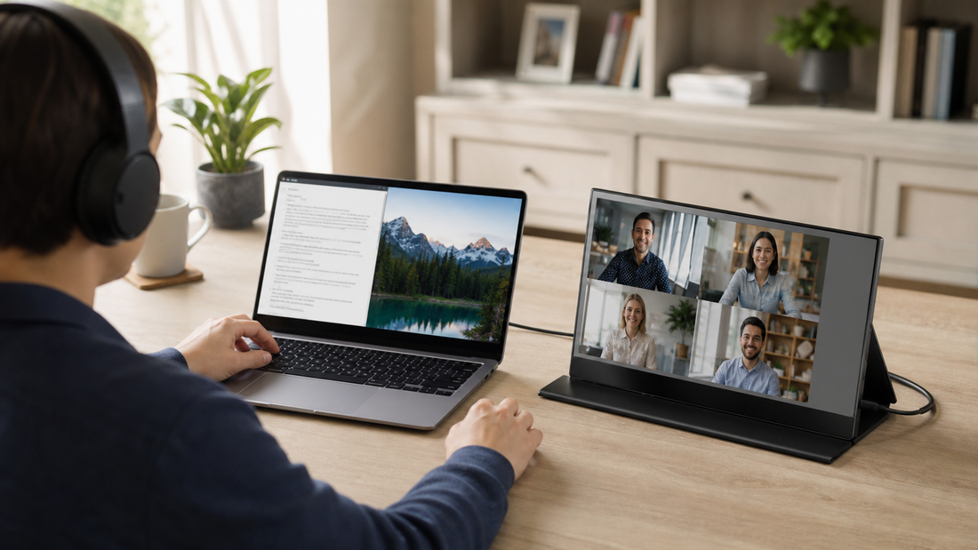 Remote worker using an INGNOK portable monitor for a video meeting