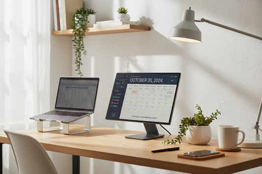 INGNOK digital desk calendar in a focused home office setup
