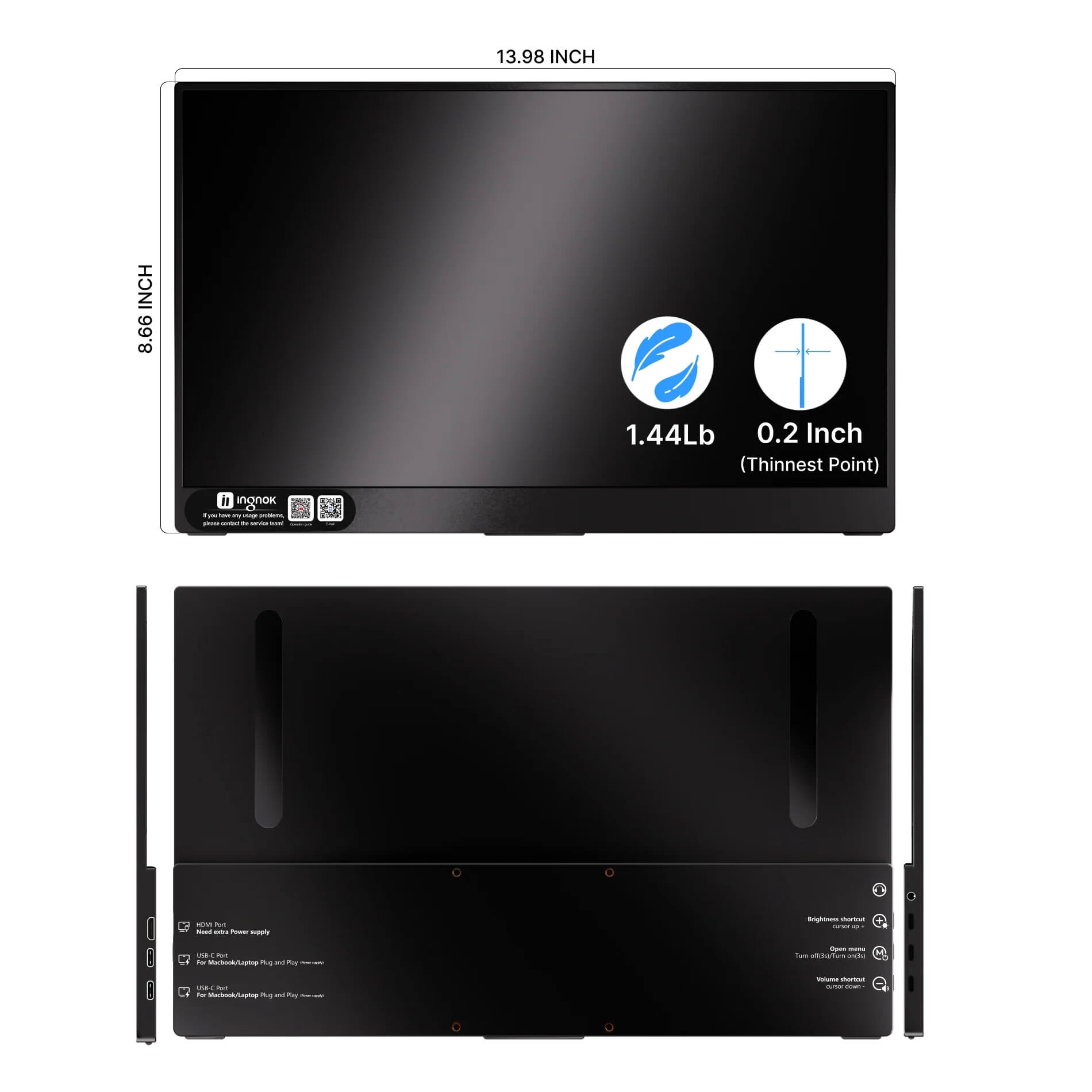 INGNOK YN02D 15.6 inch portable monitor size and dimensions