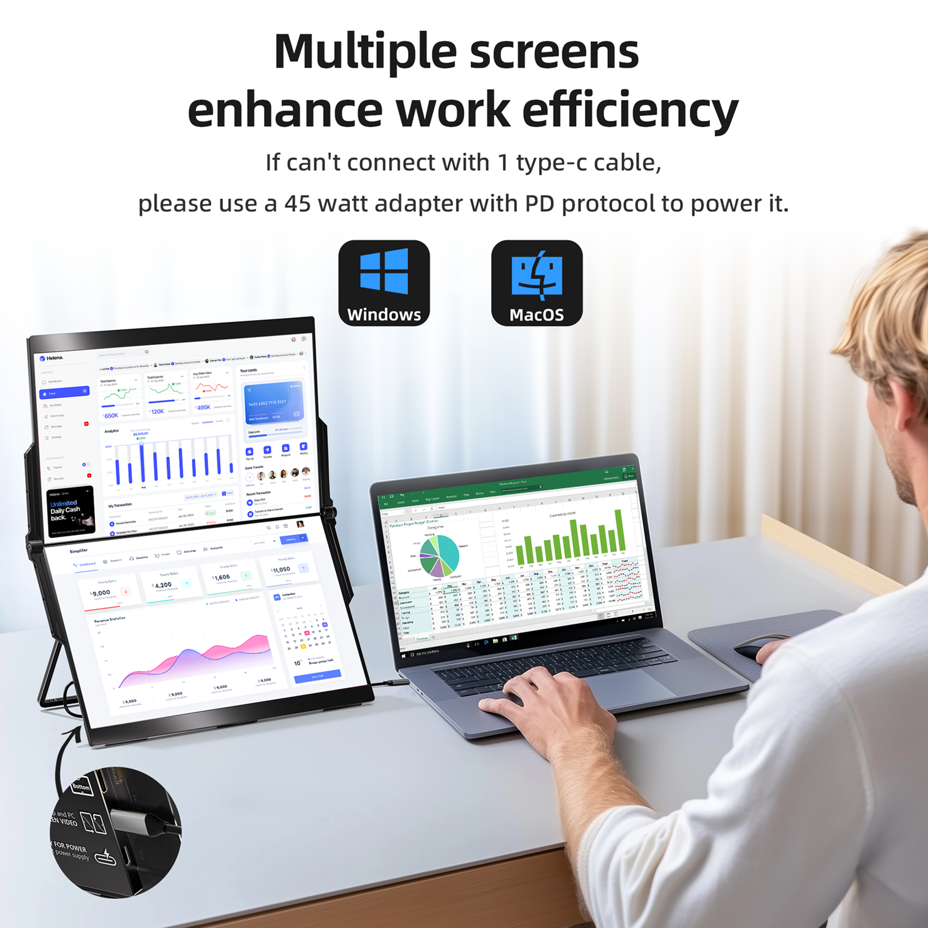 INGNOK YNF2B dual portable monitor with USB-C and mini HDMI setup